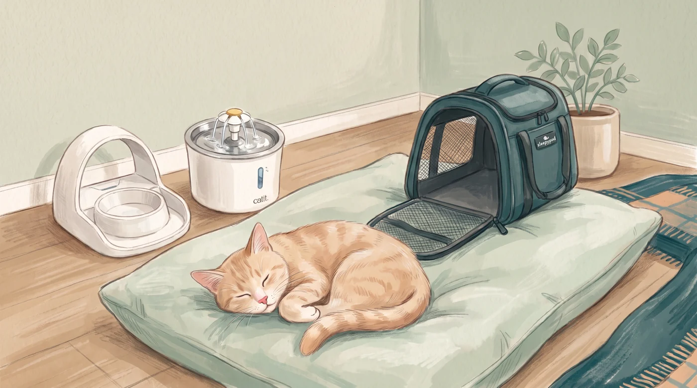 Flenny asleep on a pale green cushion beside an open carrier and feeding equipment.