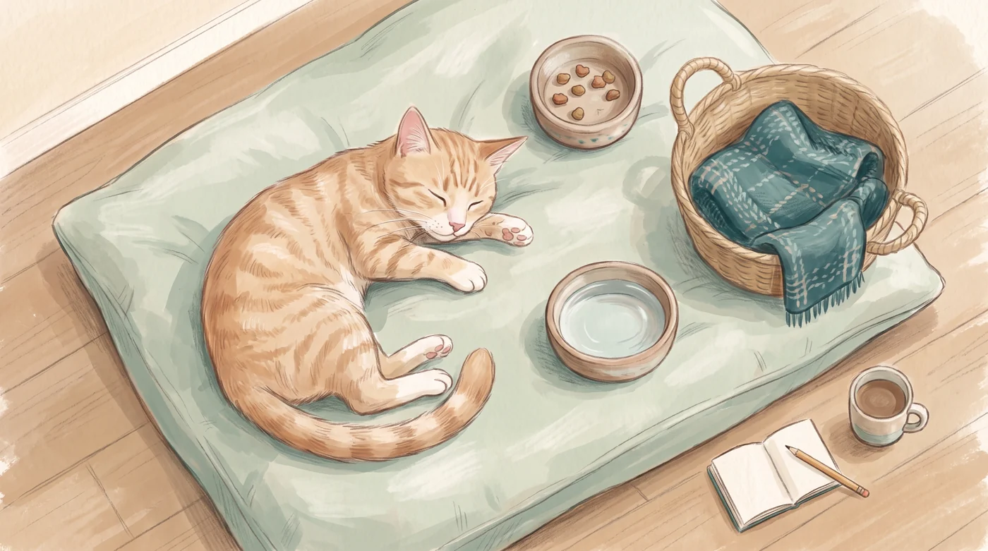 Small comforts. Big purrsonality. Flenny curled up beside a food bowl, water bowl and blanket basket.