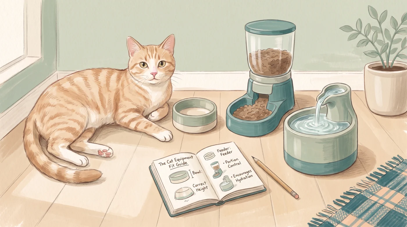 Flenny seated beside an automatic feeder, fountain and open equipment notebook.