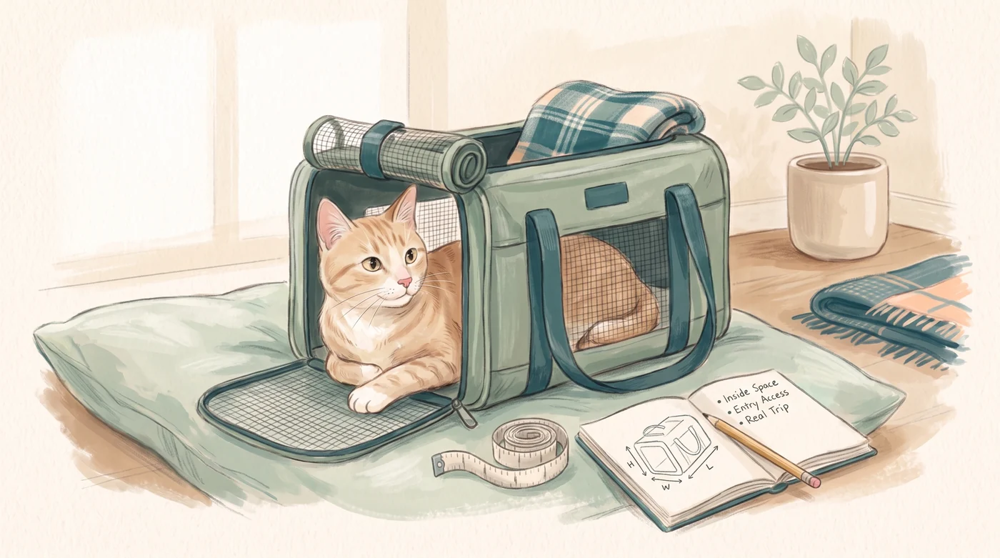A useful carrier note starts with the inside Flenny inside an open carrier beside a measuring tape and notebook.