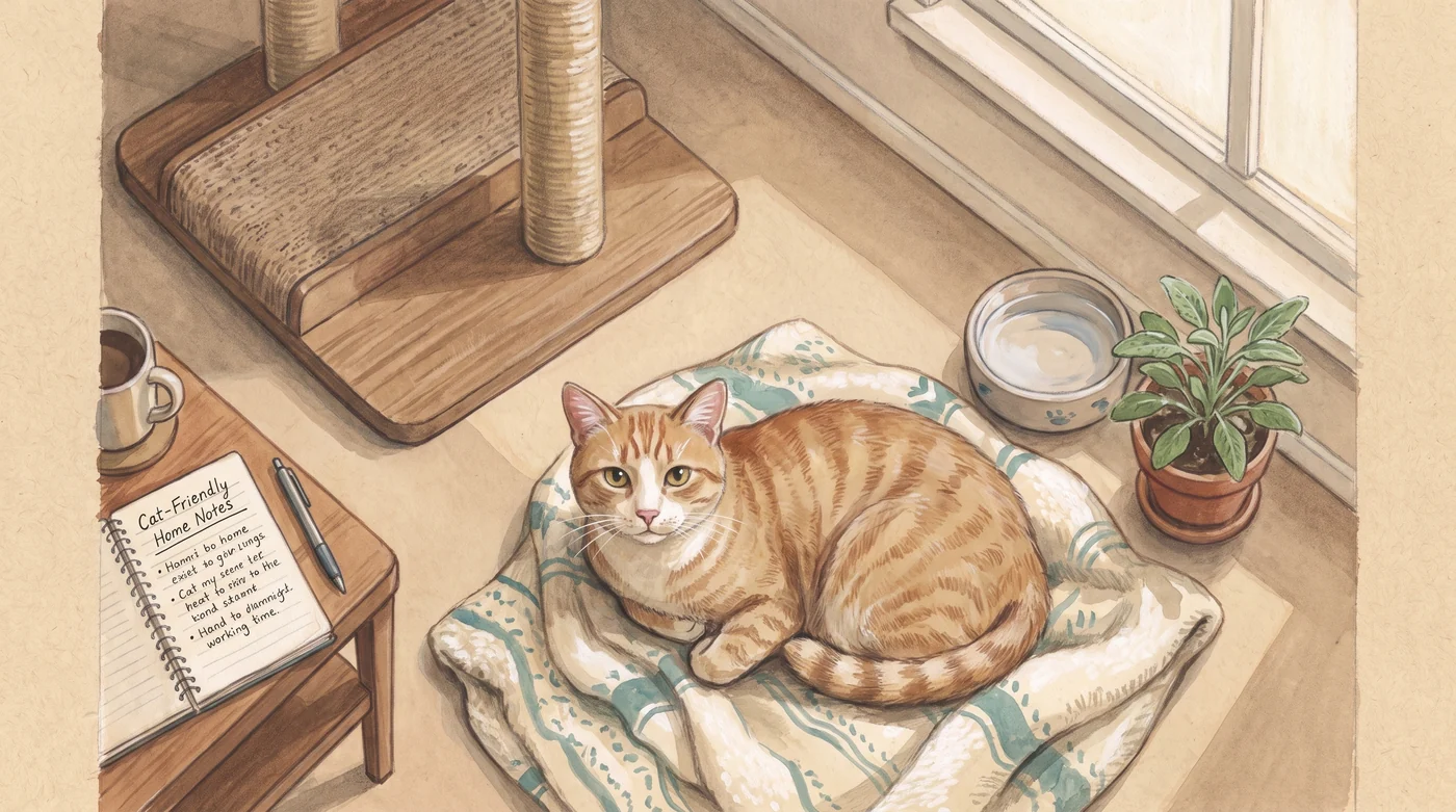 Flenny resting on a cushion beside a scratching post and bowls.