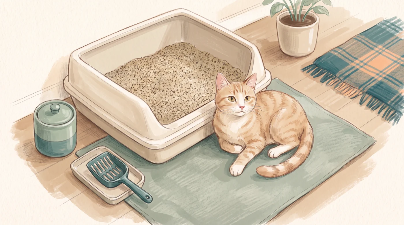 Litter setup Flenny beside a large litter tray, scoop and covered bin.