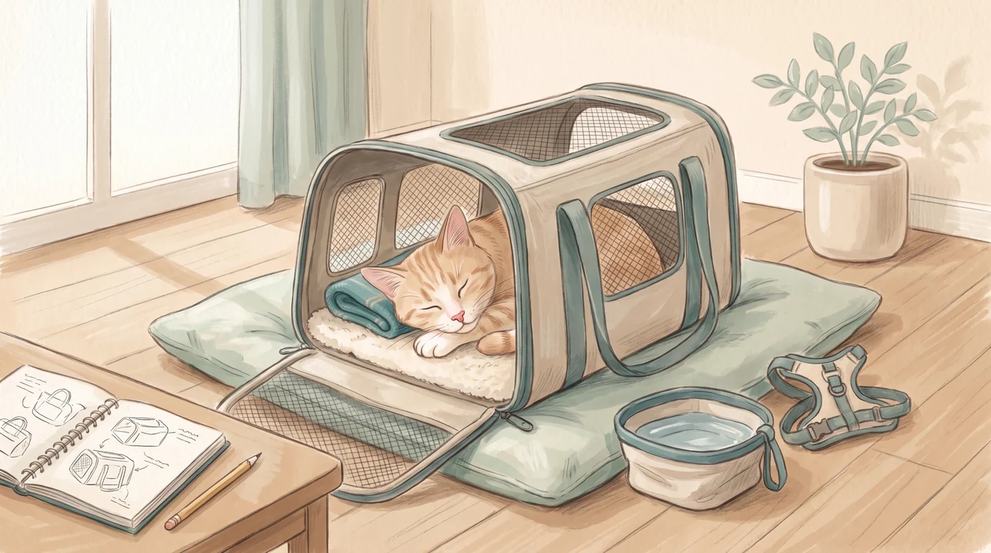 Flenny asleep in an open soft-sided carrier.