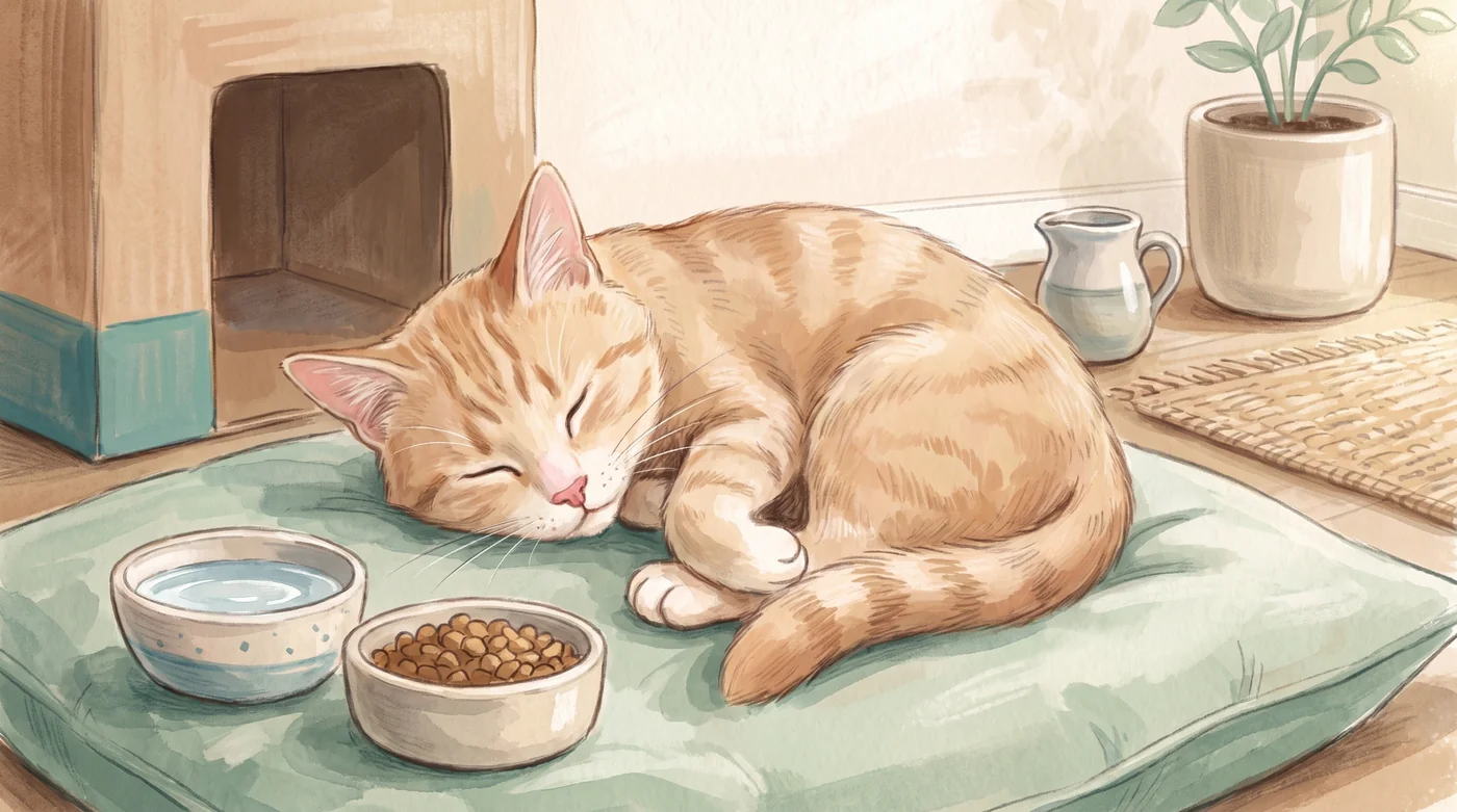 Flenny sleeping on a pale green cushion beside food and water bowls. Flenny sleeping on a pale green cushion beside food and water bowls.