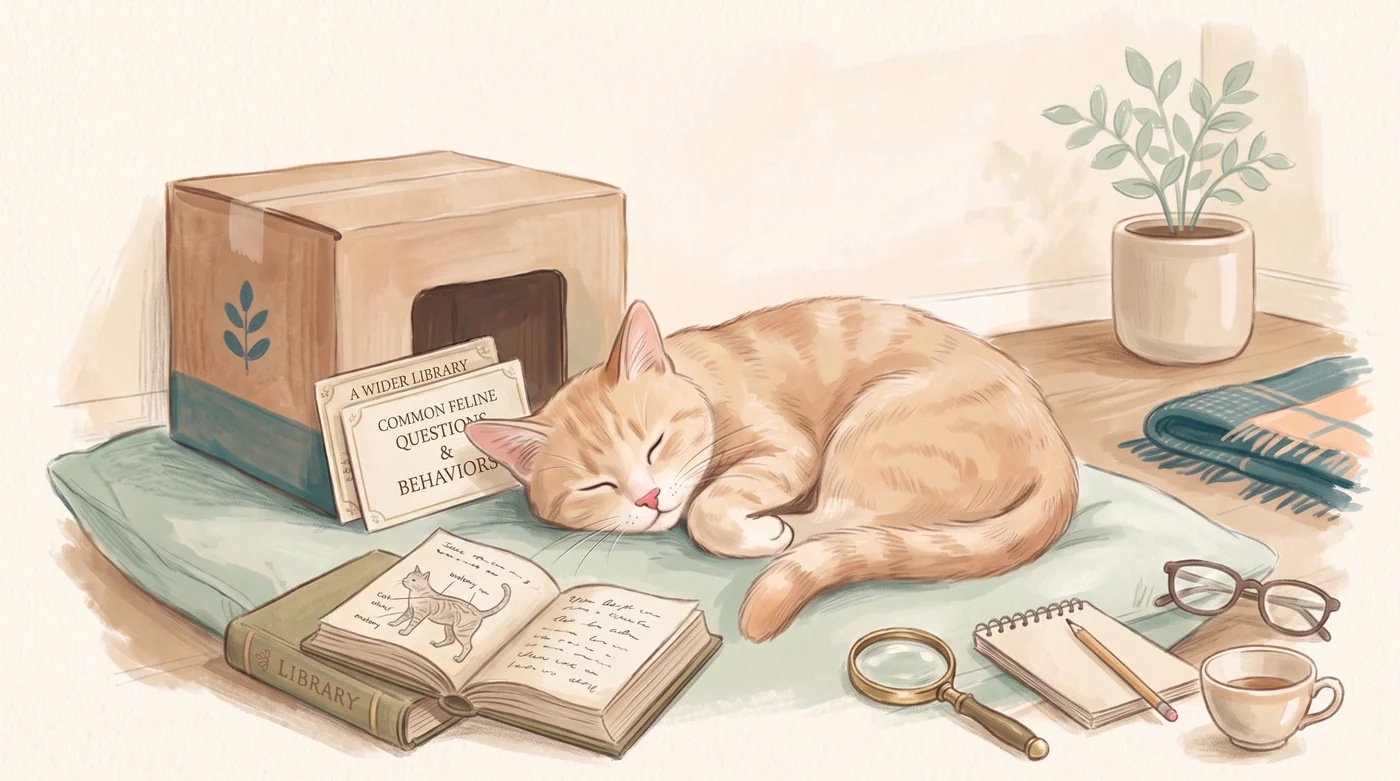 Flenny curled up beside cat books, a notebook and a magnifying glass.