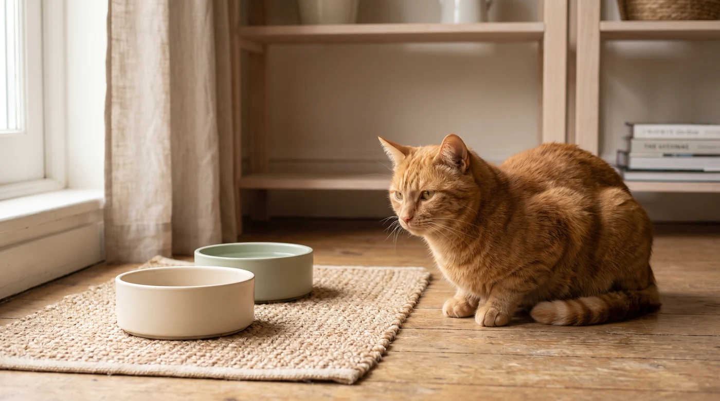A ginger cat beside two ceramic bowls in a softly lit home