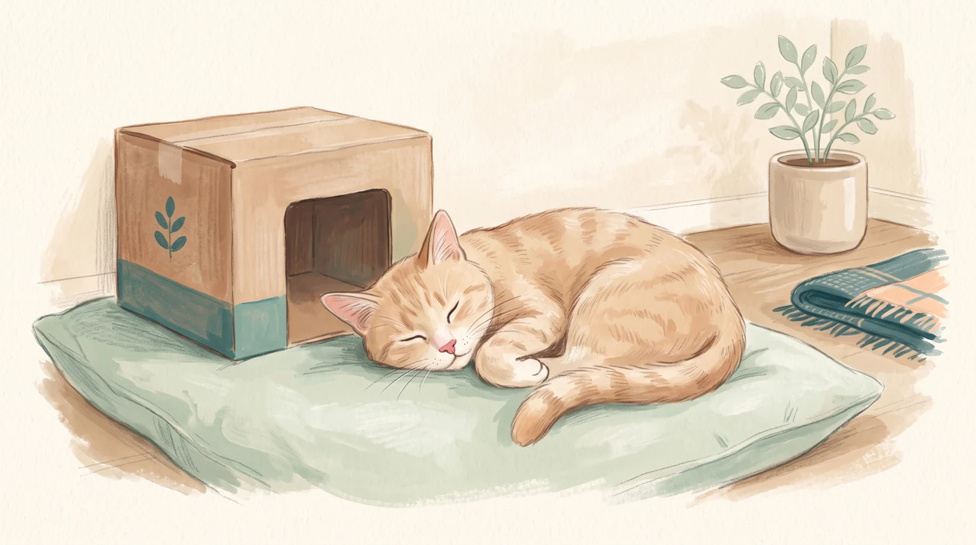 Softly painted ginger cat resting on a mint cushion beside a cardboard hideaway